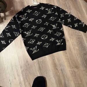 Louis Vuitton Black Crewneck Sweater with White Monogram Pattern